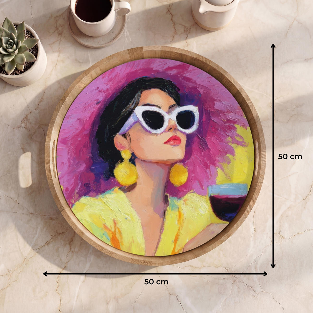 SERVÍROVACÍ PODNOS Žena - Klobouk - Fialová - Víno 50x50 cm - žlutá, dřevo (50/5/5cm) - OnlyWow