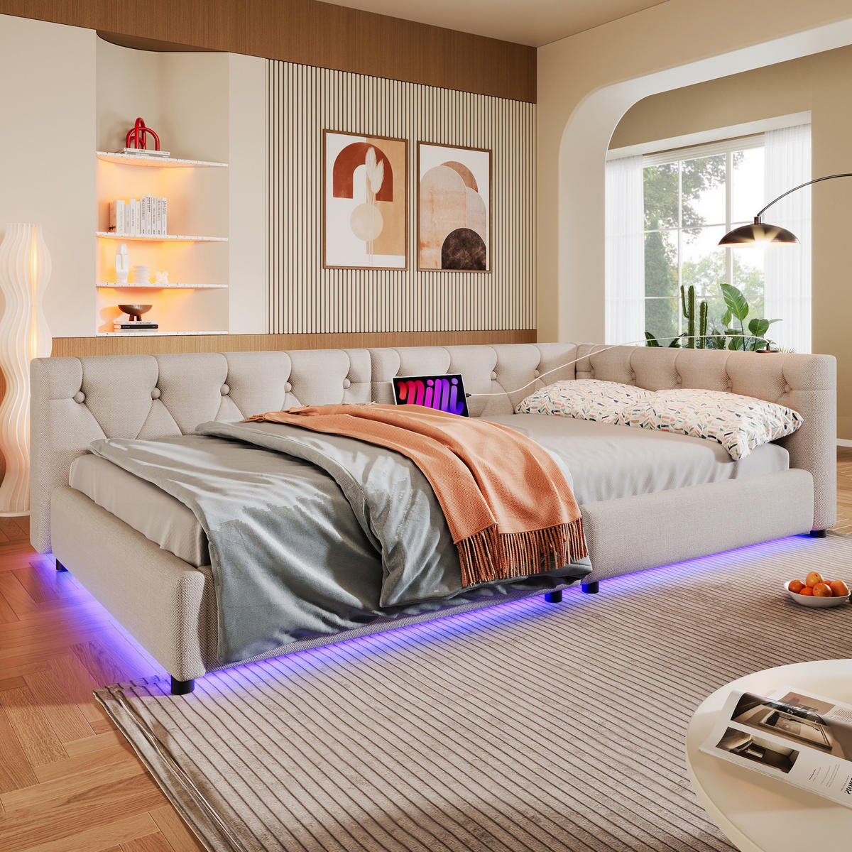 POLSTERBETT 90/200 cm mit Lattenrost, LED-Beleuchtung, USB und Type-C, Knopfheftung, Leinenbezug, Beige - Beige, Textil (90/200cm) - Redom