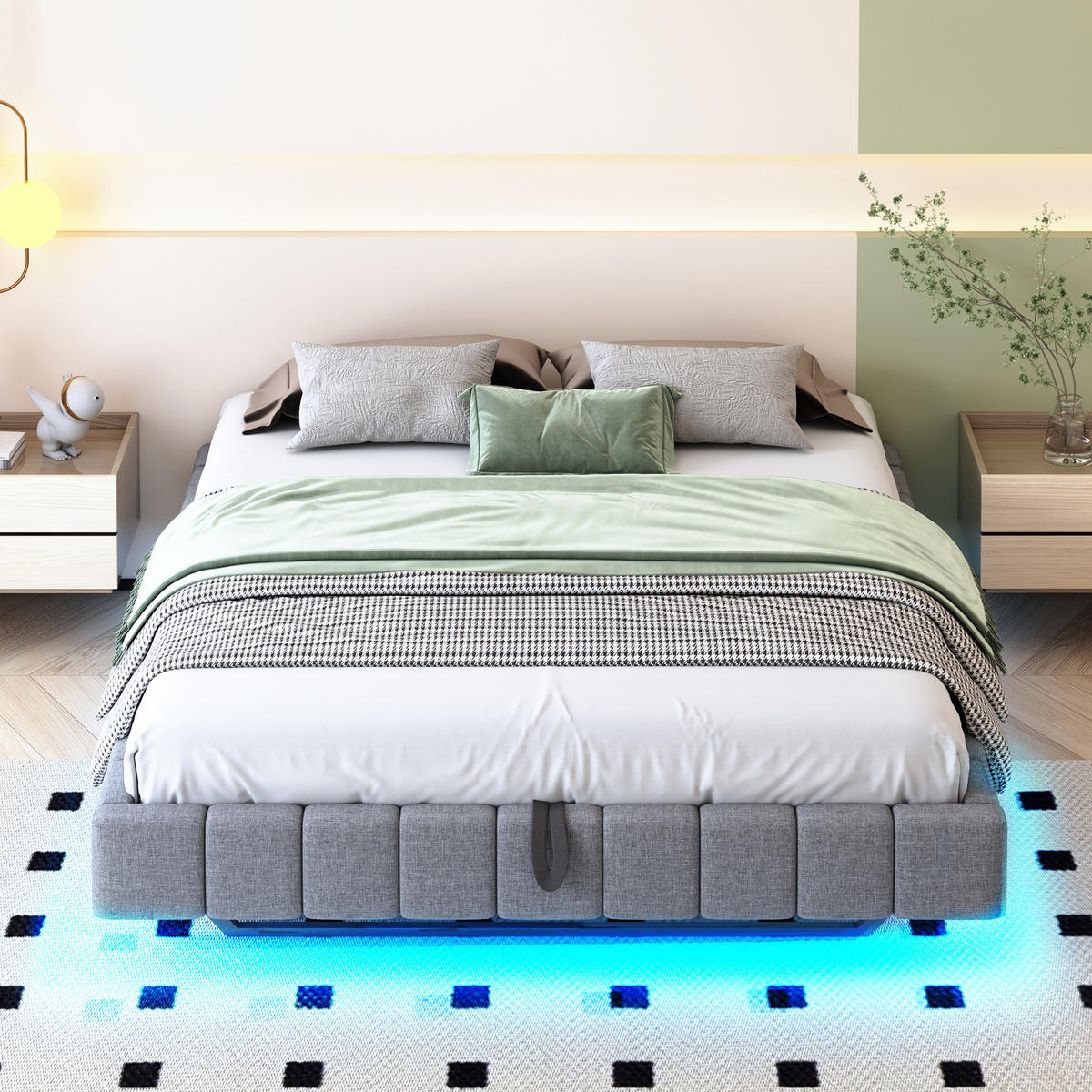 POLSTERBETT aus Leinen 160x200 cm Grau ohne Kopfteil mit LED-Beleuchtung und hydraulischem Stauraum - Grau, Textil (160/200cm) - IVMEU