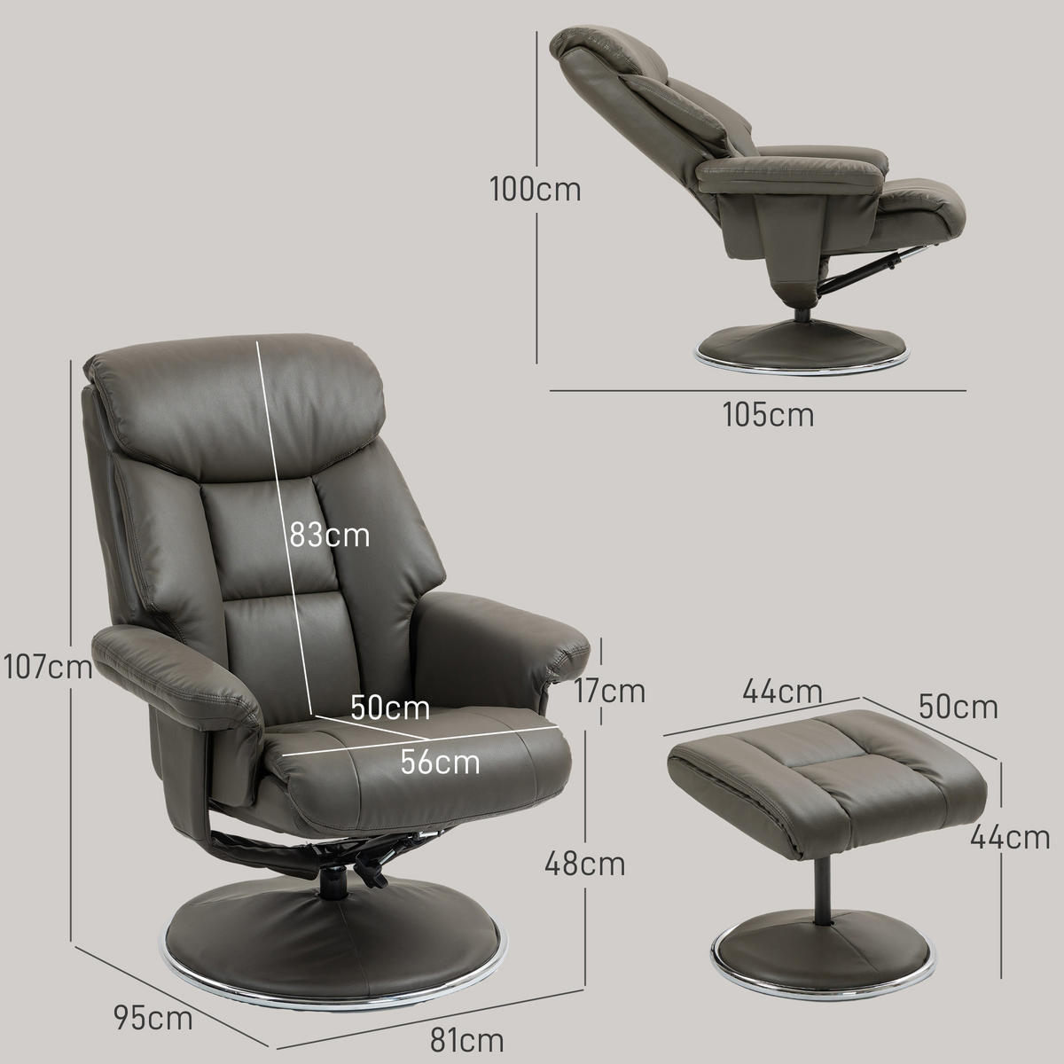 RELAXSESSEL mit Hocker, Fernsehsessel mit Liegefunktion, Wippfunktion Grau - Schwarz/Grau, Leder/Kunststoff (95/107/81cm) - HOMCOM