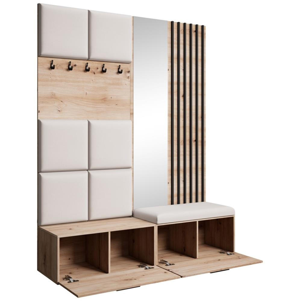 GARDEROBE Margaret I+II 162/203/43 mit gepolsterten Paneelen/Lamellen/Spiegel - Beige/Schwarz, Holzwerkstoff/Kunststoff (162/203/43cm) - Beautysofa
