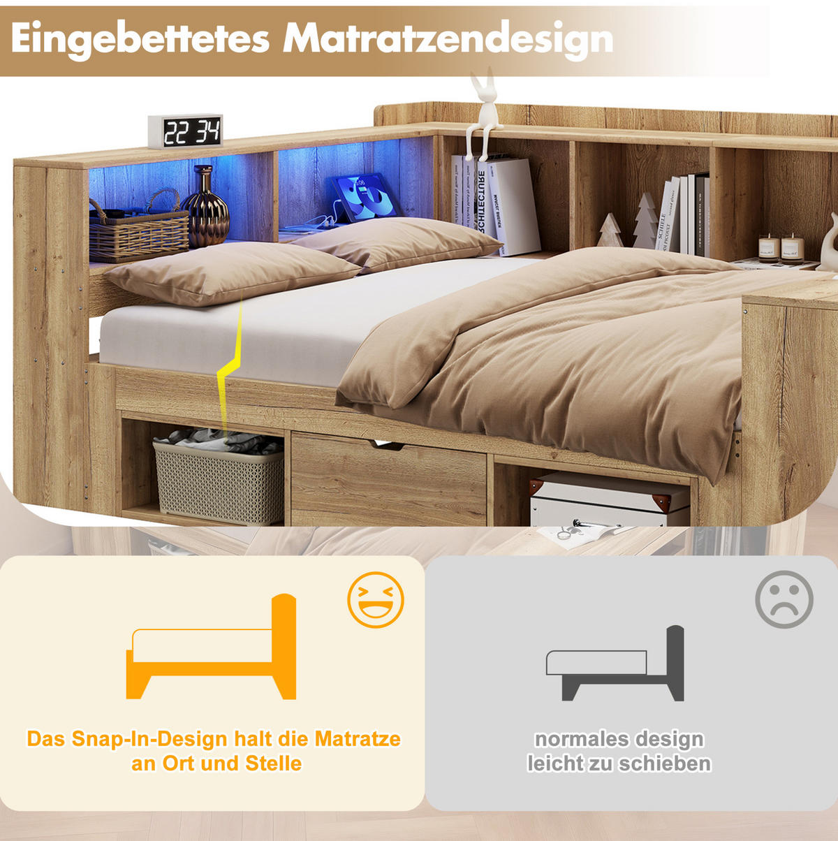 KINDERBETT 90/200 cm natur aus MDF mit LED, USB-C und Schreibtisch - Naturfarben, Holzwerkstoff (90/200cm) - OKWISH