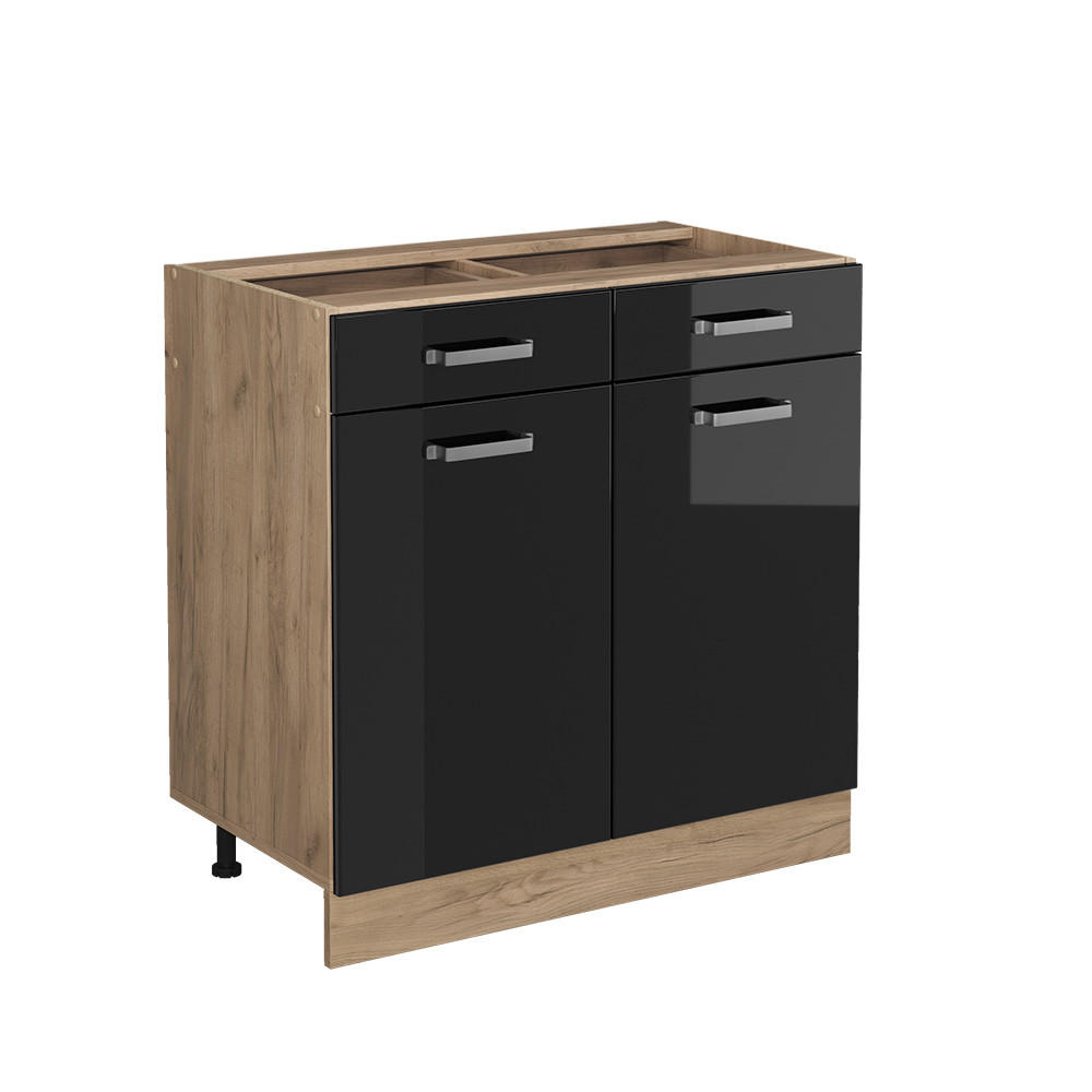 KÜCHENUNTERSCHRANK R-Line Schwarz Hochglanz 80 cm ohne AP - Honigeiche/Schwarz Hochglanz, Holzwerkstoff (80/81.6/46cm) - Vicco