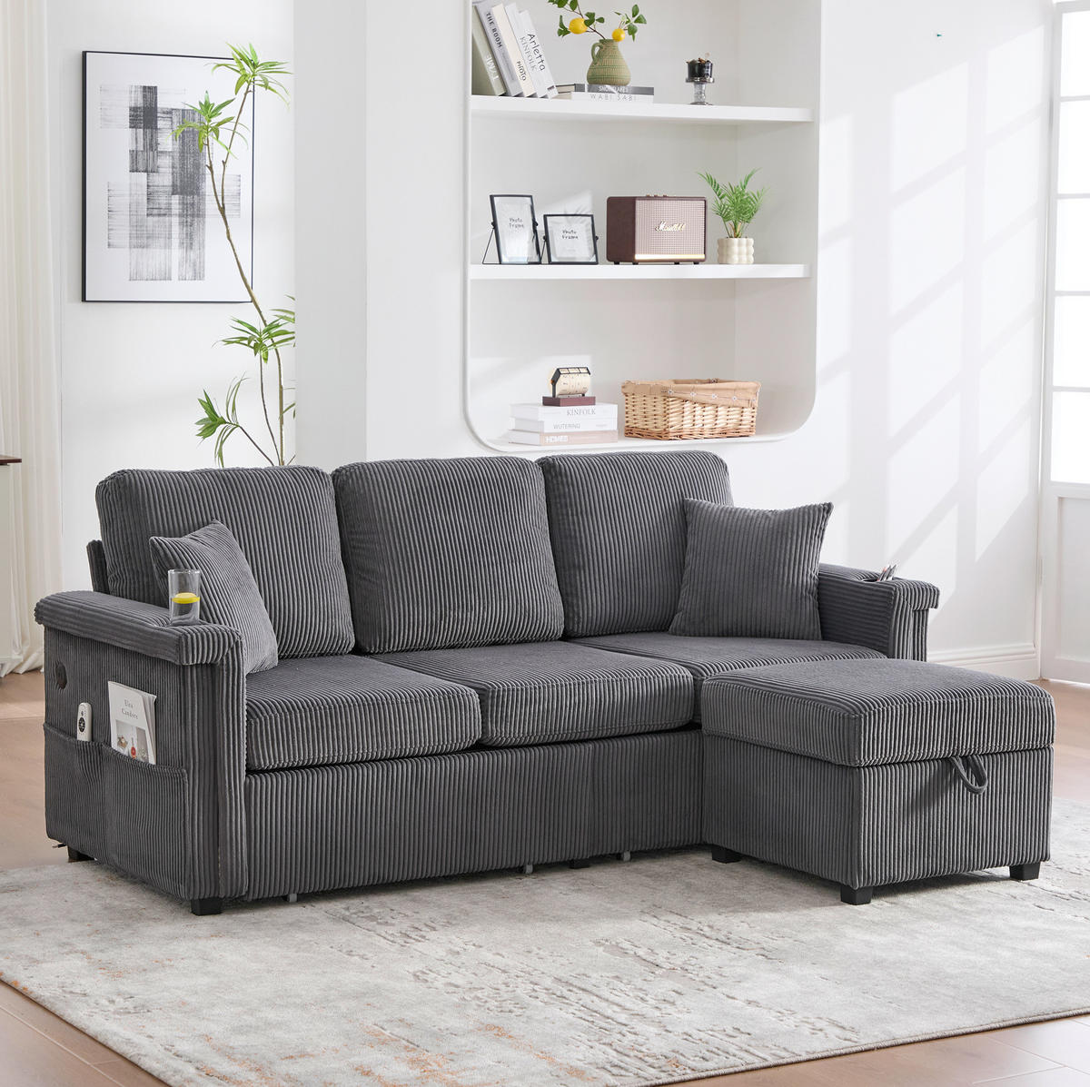 SOFA mit LED und USB/TYPE-C 194 x 73 x 81 cm Corduroy Dark Gray - Dunkelgrau, Kunststoff (194/81/73cm) - Meubliv