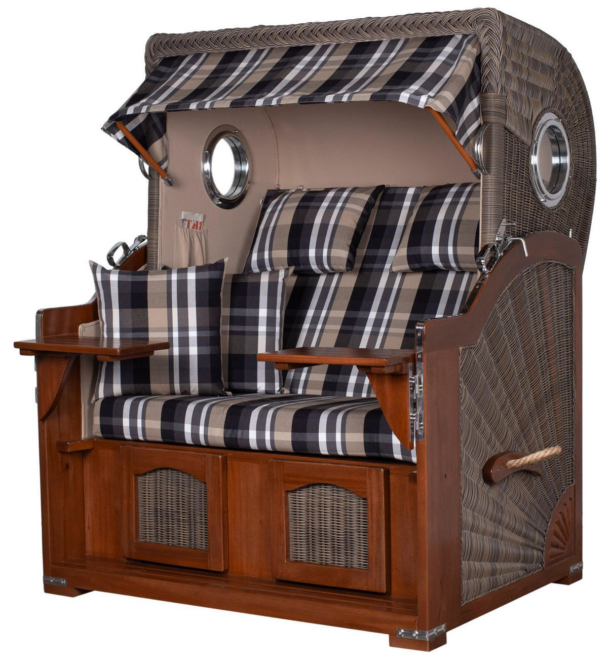 STRANDKORB Komplettset: Ammersee Mahagoni Bullauge - PE grau - Modell 583 - Beige/Braun, Holz/Kunststoff (125/165/80cm) - bene living