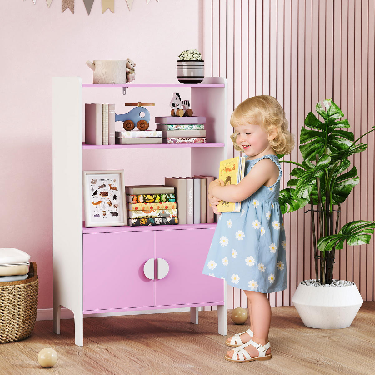 BÜCHERREGAL Kinderregal mit 2 Ablagen und 2 Schranktüren - Weiß/Rosa, Holzwerkstoff (35/100/60cm) - AIYAPLAY