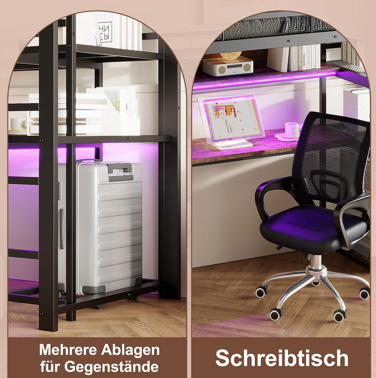 HOCHBETT 90/200 cm schwarz aus Metall/MDF mit Schreibtisch - Schwarz, Holzwerkstoff (90/200cm) - OKWISH
