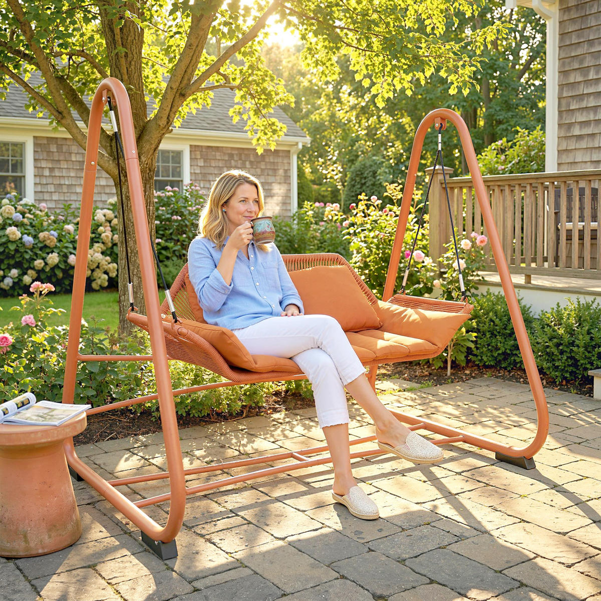 HOLLYWOODSCHAUKEL DE-07070 2-Sitzer, Geflecht-Design, Terrakotta - Terracotta, Metall (174/162/120cm) - ComfortXL