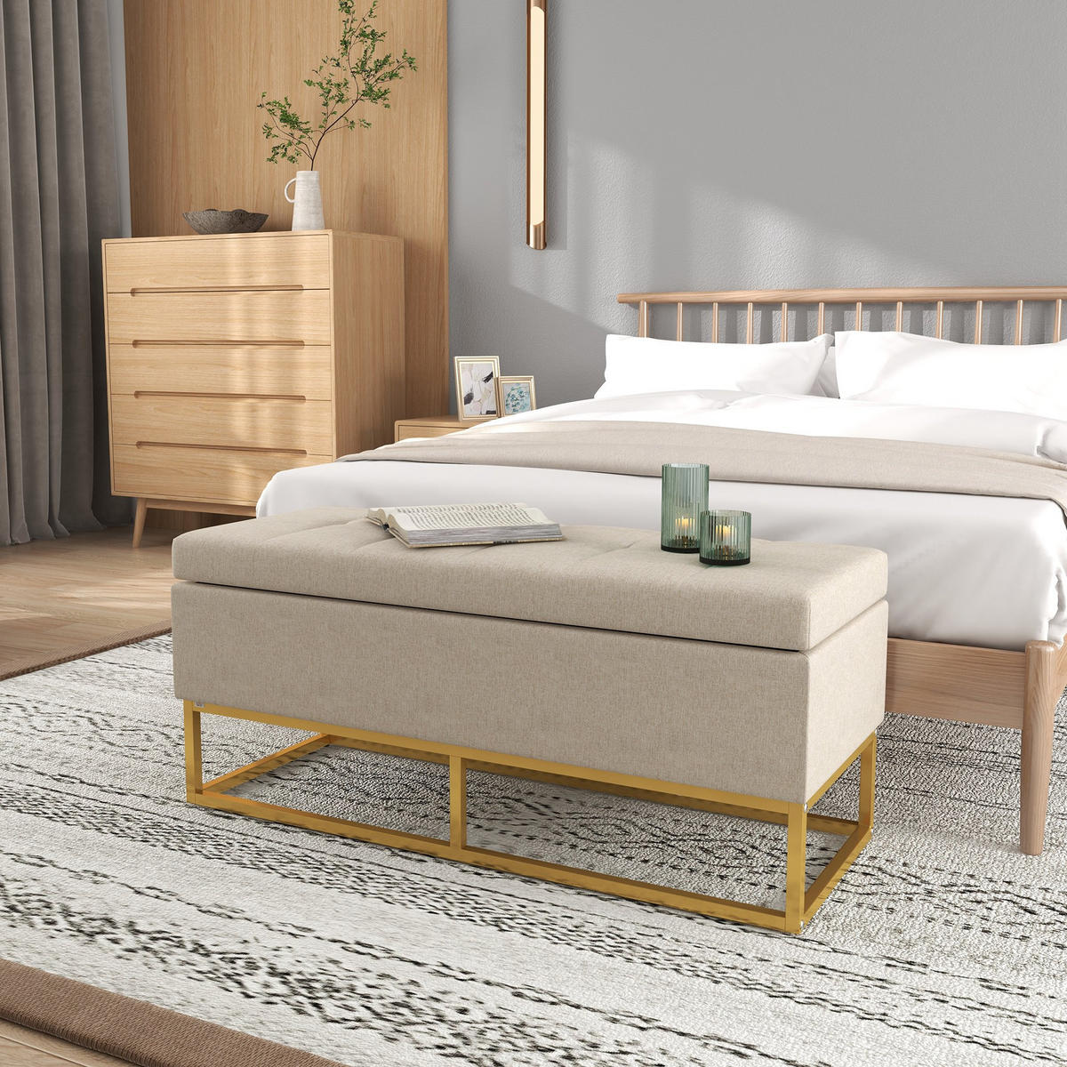 TRUHENBANK DE-16372 gepolstert mit Knopfheftung und Gold-Stahlbeinen Beige/Gold - Beige, Textil (110/48/44cm) - ComfortXL
