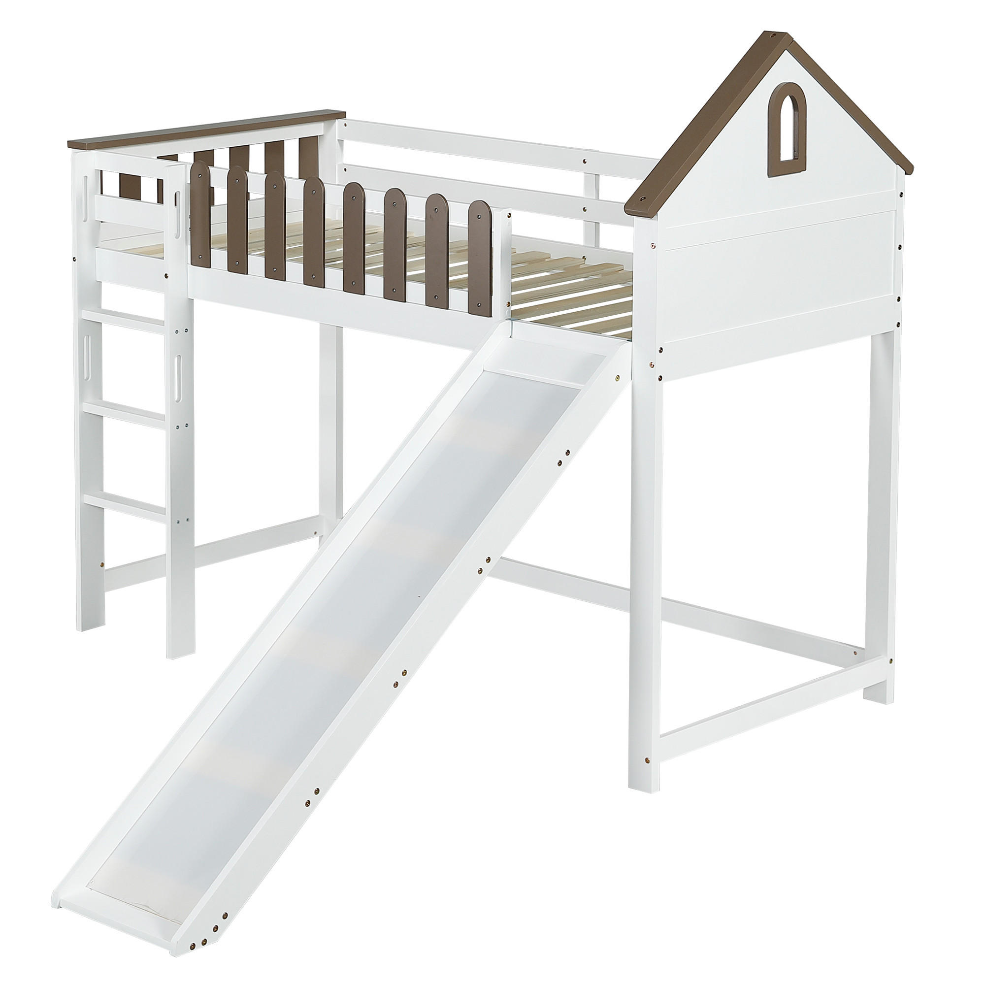 SPIELBETT 90/200 cm DE-02244, in Weiß, mit Rutsche, Dach und Fenster - Weiß, Holz/Holzwerkstoff (90/200cm) - ComfortXL