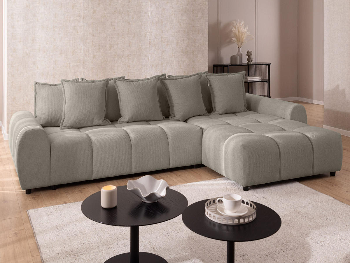 ECKSOFA Bubble mit losen Rückenkissen und Sitzfläche in Bubble-Optik aus weichem Taupe Strukturstoff mit schöner Sitzkomfort - Ottomane rechts - Taupe/Schwarz, Holz/Kunststoff (306/180cm) - S-Style Möbel