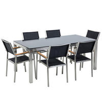 GARTENMÖBEL SET 6-Sitzer Glasplatte schwarz Textilbespannung schwarz Grosseto - Silberfarben/Schwarz, Glas - Beliani