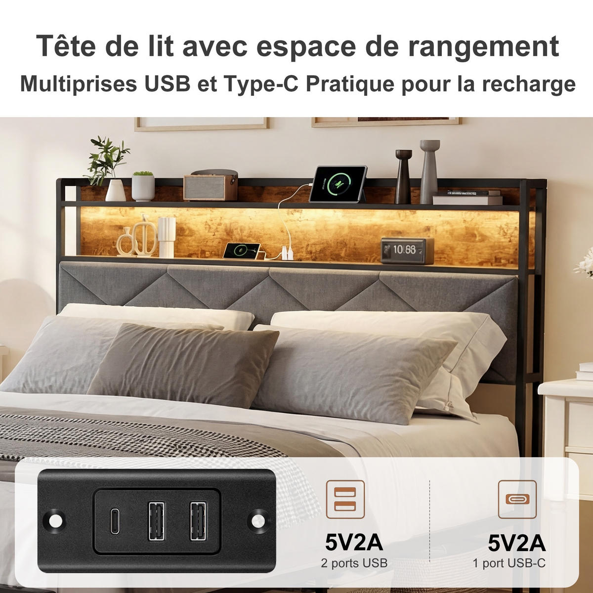 POLSTERBETT 140x200 cm mit LED-Kopfteil und USB-Anschlüssen - Gestell aus Metall und Walnussholz, Lattenrost, Jugendbett - Naturfarben, Holzwerkstoff (140/200cm) - Brevoria