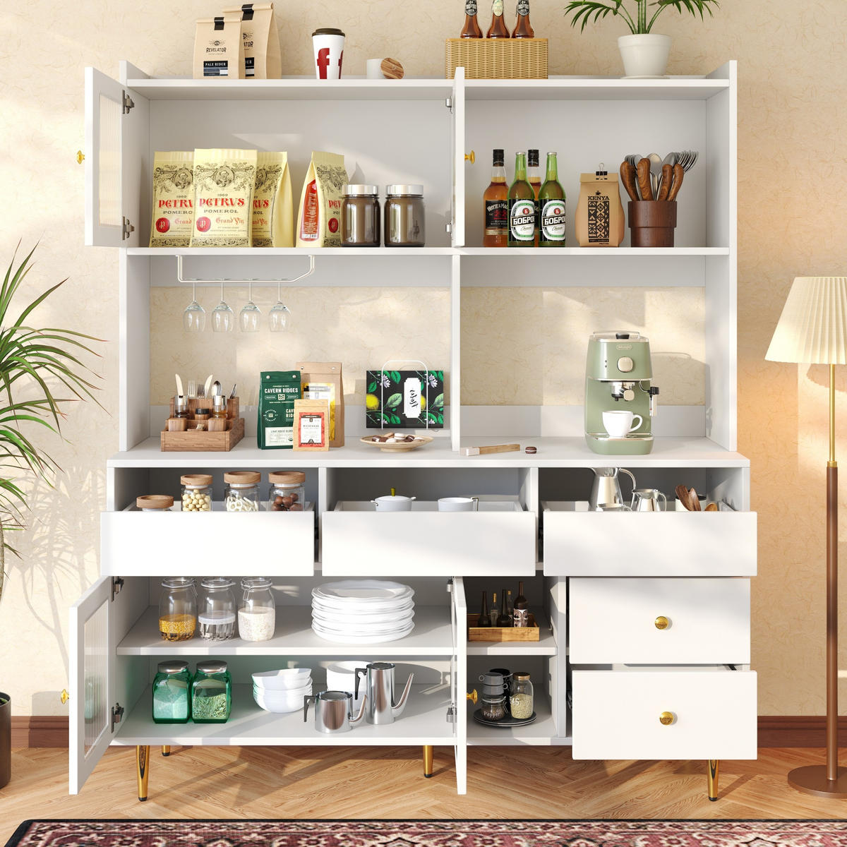 SIDEBOARD aus MDF 145x39x171 cm Weiß mit Changhong-Glastüren, Weinregal und Schubladen - Weiß, Holzwerkstoff (145/171/39cm) - IVMEU
