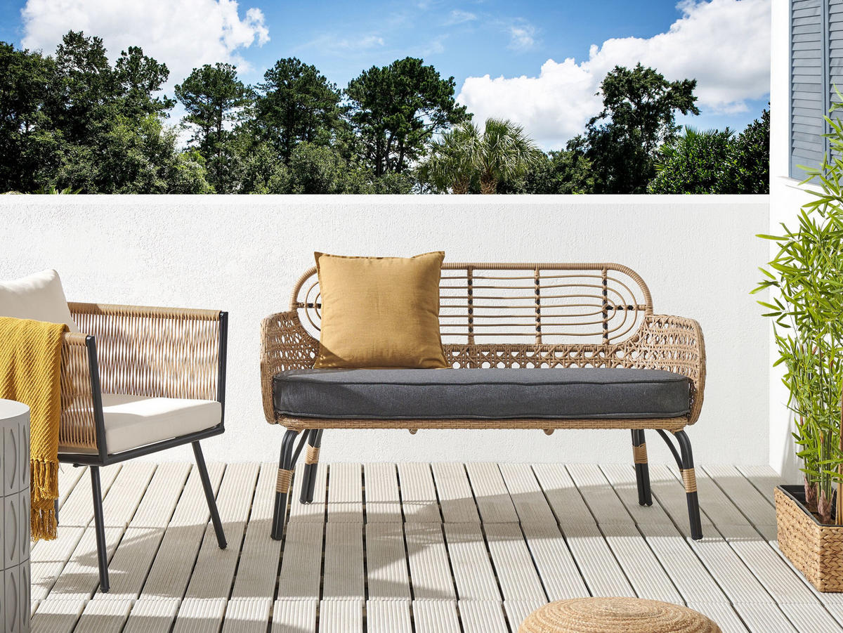GARTENSOFA 2-Sitzer Rattan natürlich 122 cm Auflage graphitgrau Pratello - Beige/Schwarz, Kunststoff (122/79/59cm) - Beliani