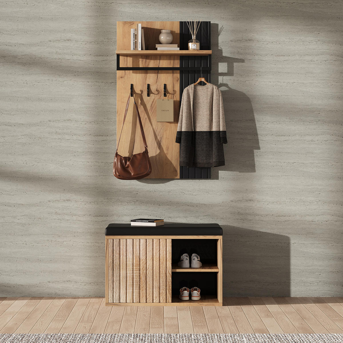 GARDEROBE Schuhschrank 2 Türen mit Haken B70xT36xH146 Schwarz Natur - Multicolor, Holzwerkstoff (36/146/70cm) - FLIEKS
