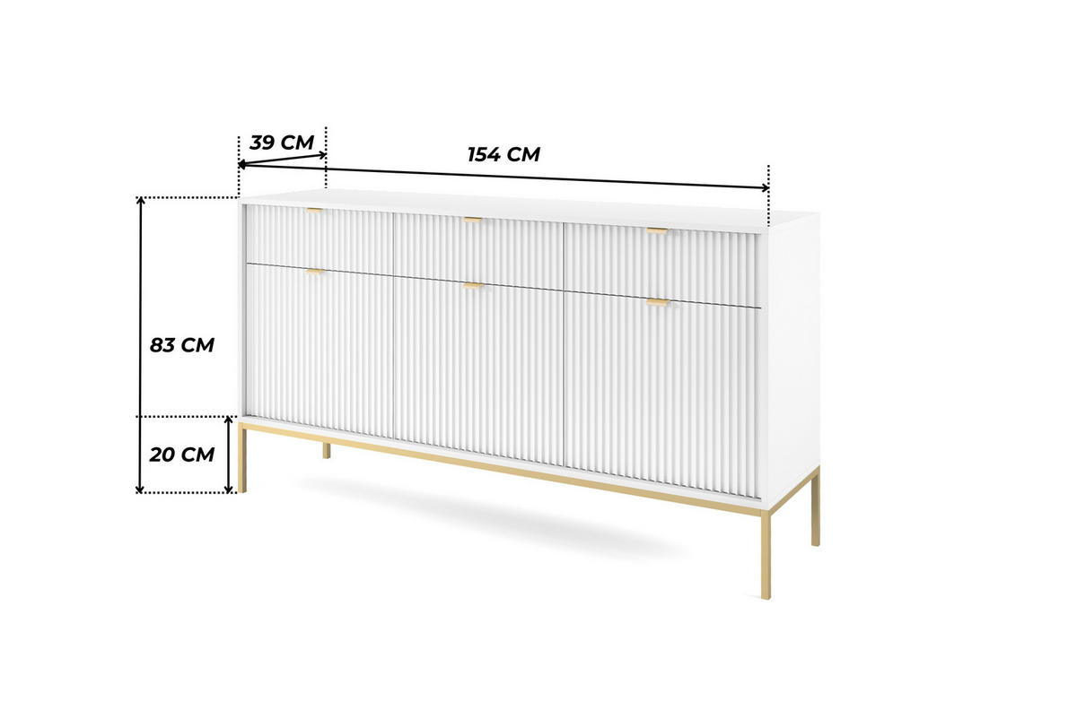 WEISSE Moderne Geriffelte Kommode KIOTO K3D3SZ (Gold Gestell, Soft-Close Türen) - Goldfarben/Weiß, Holz/Holzwerkstoff (154/83/39cm) - Ravio