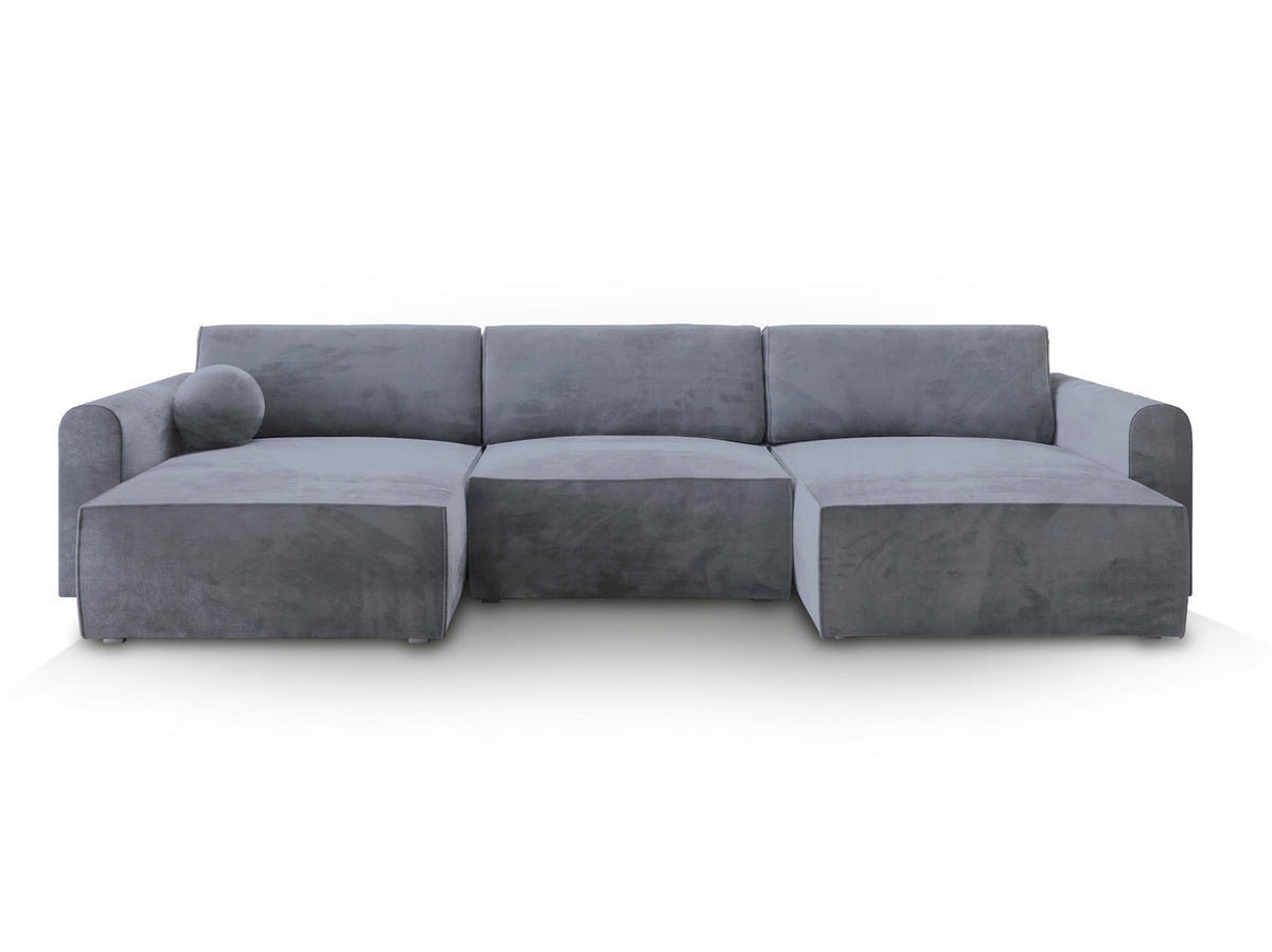 WOHNLANDSCHAFT FENTO M Grau Velours-Stoff mit Schlaffunktion - Grau, Holz (347/90/148cm) - MASSENO