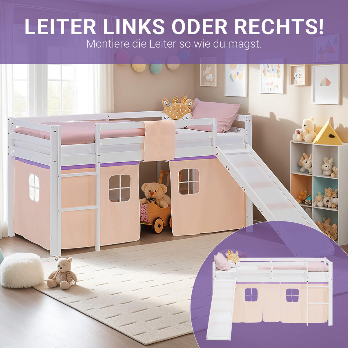 HOCHBETT 90/200 cm in weiß Rutsche Bettvorhang peach - Lila/Weiß, Holz/Textil (90/200cm) - Homestyle4u