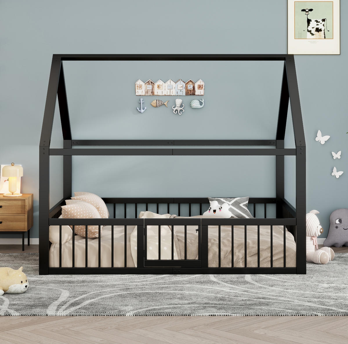 HAUSBETT 140/200 cm Schwarz aus Metall mit Dachdesign - Schwarz, Metall (140/200cm) - OKMYHOME