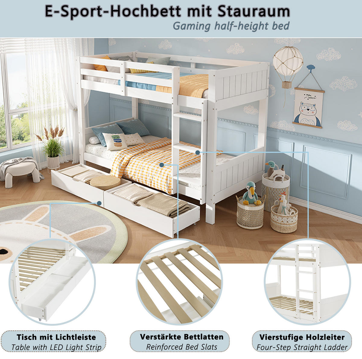 ETAGENBETT aus Holz 90x200 cm Weiß mit 2 Schubladen, Leiter und teilbar in 2 Einzelbetten - Weiß, Holz (90/200cm) - Modfu