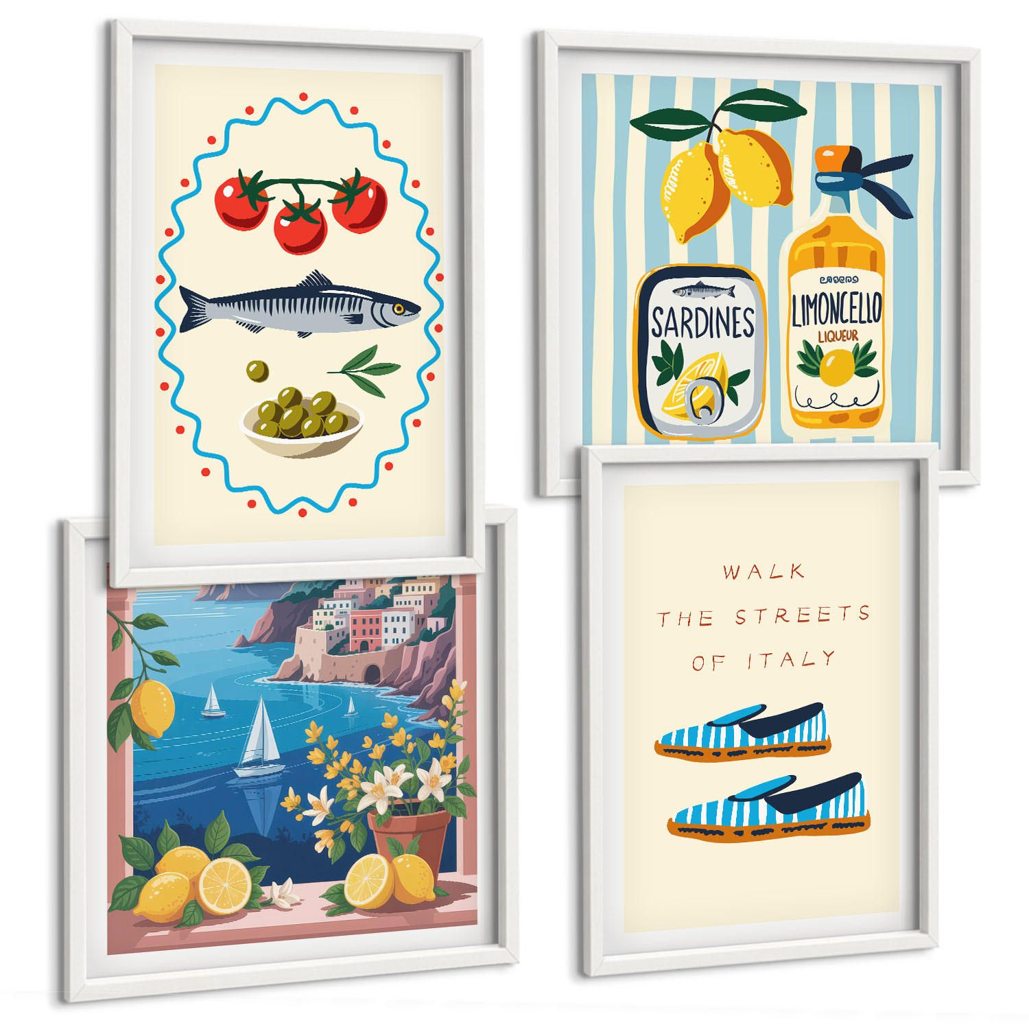 BILDER SET 4er Set - 50x50 cm & 40x60 cm Weißer Rahmen - Italienische Aromen, farbenfrohe Bilder - Weiß, Kunststoff (50/50cm) - TULUP
