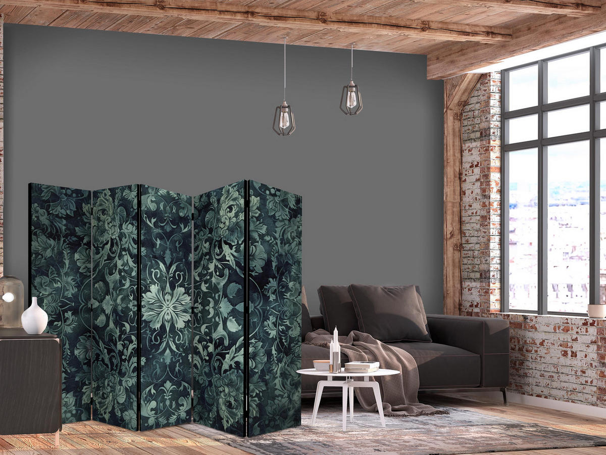 PARAVÁN Obojstranný 5-dielny 225x172 cm Smaragdovozelené Ornamenty - zelená, drevo/textil (225/172/3cm) - Muralo