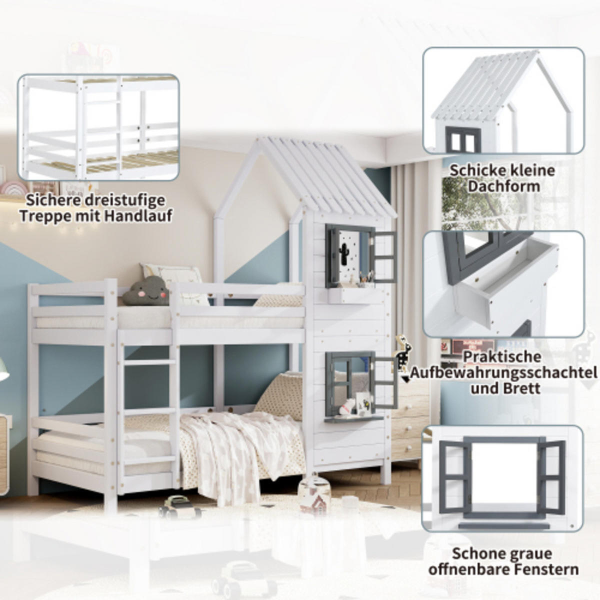 HAUS-ETAGENBETT Kinder 90x200 mit Fenster, Leiter und Handlauf, aus Kiefer Holz, Spielbett fürs Kinderzimmer, weiß-grau - Weiß, Holz (90/200cm) - Luhomfu