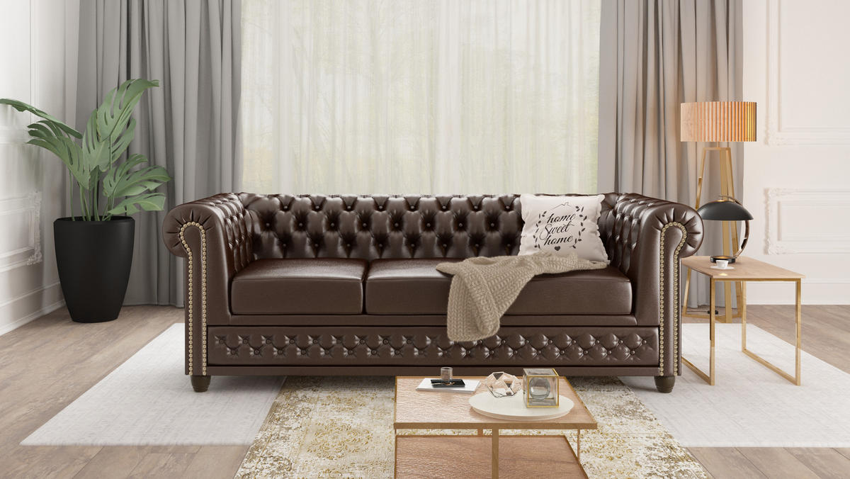 SITZGARNITUR 3+2+1 mit Schlaffunktion Chesterfield Morin Braun Vegan Leder - Braun, Buchenholz/Textil (203/72/86cm) - S-Style Möbel
