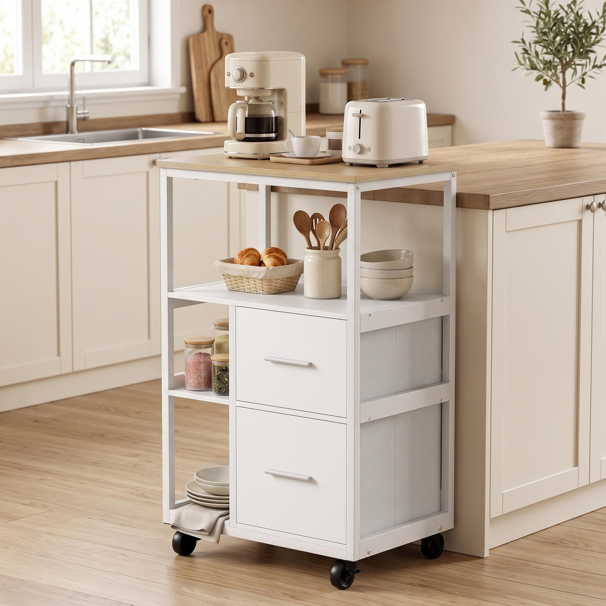 KÜCHENWAGEN Spanplatte Stahl Weiß - Weiß, Holzwerkstoff (37/89/53cm) - HOMCOM