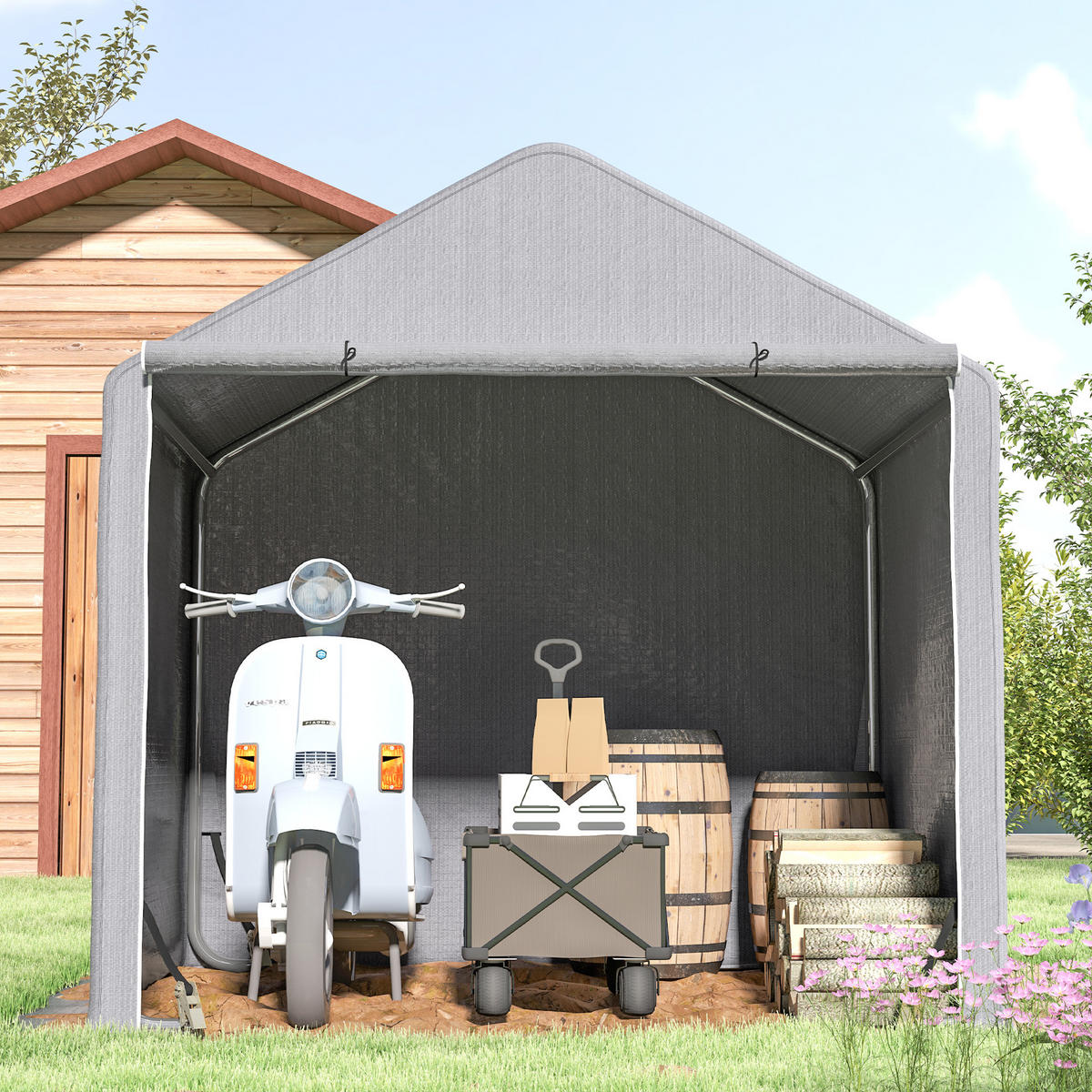 FAHRRADGARAGE DE-16848 2x2x2 m mit verzinktem Stahlrahmen Grau - Grau, Kunststoff (200/200/200cm) - ComfortXL