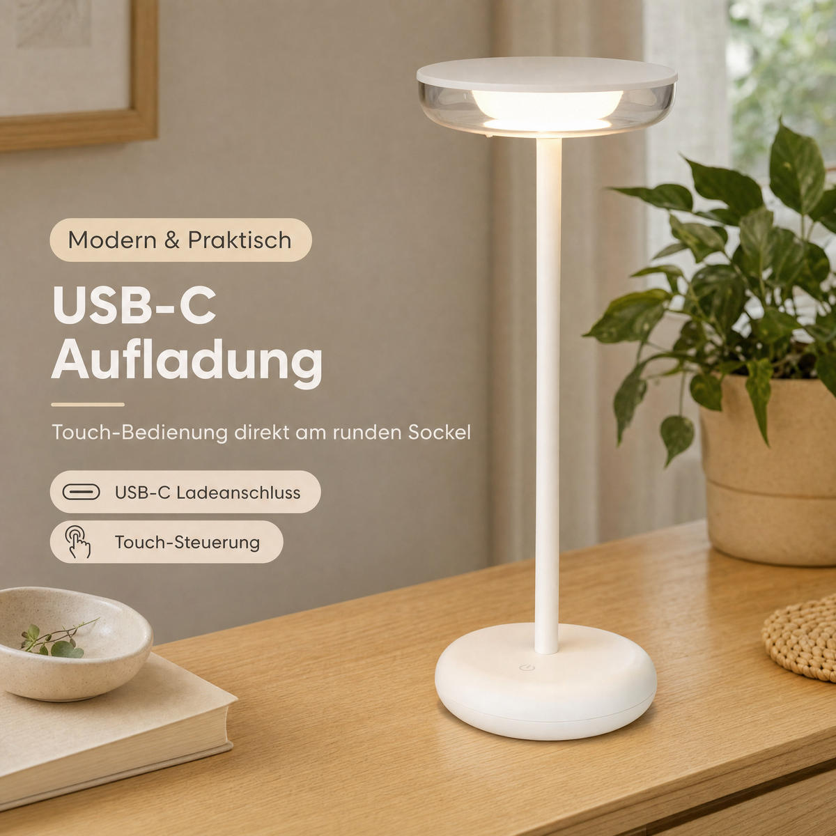 LED-TISCHLAMPE Weiß Dimmbar Akku 1800mAh 180lm warmweiß Touch USB-C Nachttischleuchte Höhe 27,4 cm - Weiß, Kunststoff (11/11/27.4cm) - Northpoint