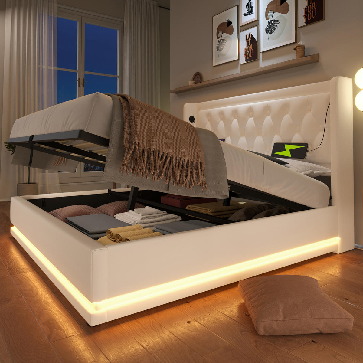 POLSTERBETT 180/200 cm mit hydraulischem Bettkasten, LED & USB/Typ-C, PU Weiß - Weiß, Kunststoff (180/200cm) - Redom