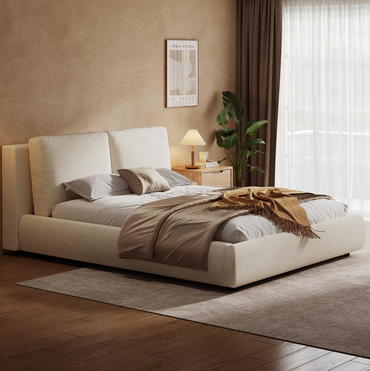 POLSTERBETT 180/200 cm mit Lattenrost, hydraulischem Stauraum und Bouclé-Bezug, Beige - Beige, Textil (180/200cm) - Redom