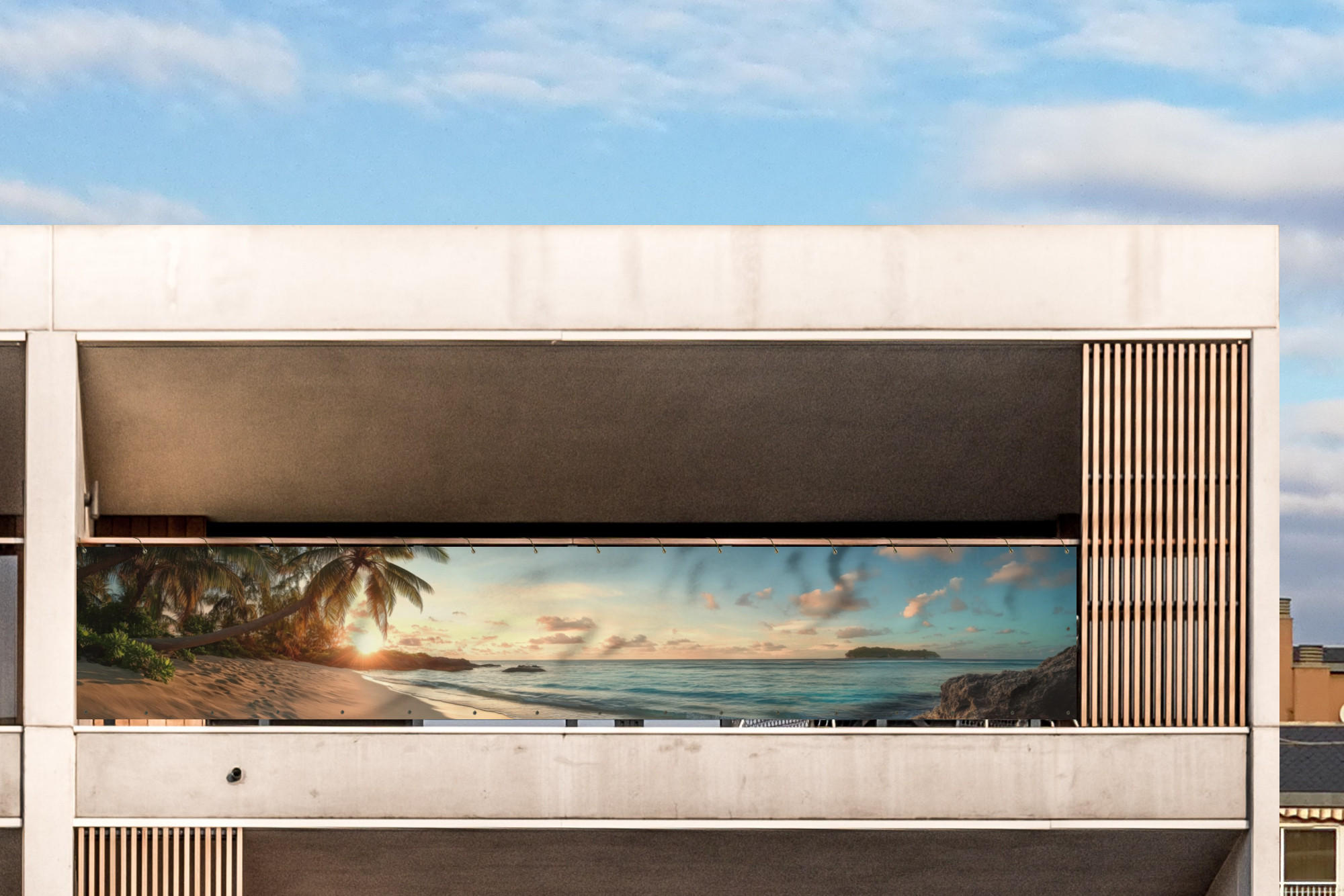 BALKON-SICHTSCHUTZ Strand - Palmen - Meer - Sonnenuntergang 500x85 cm - Samtahornfarben, Kunststoff (500/85cm) - MuchoWow