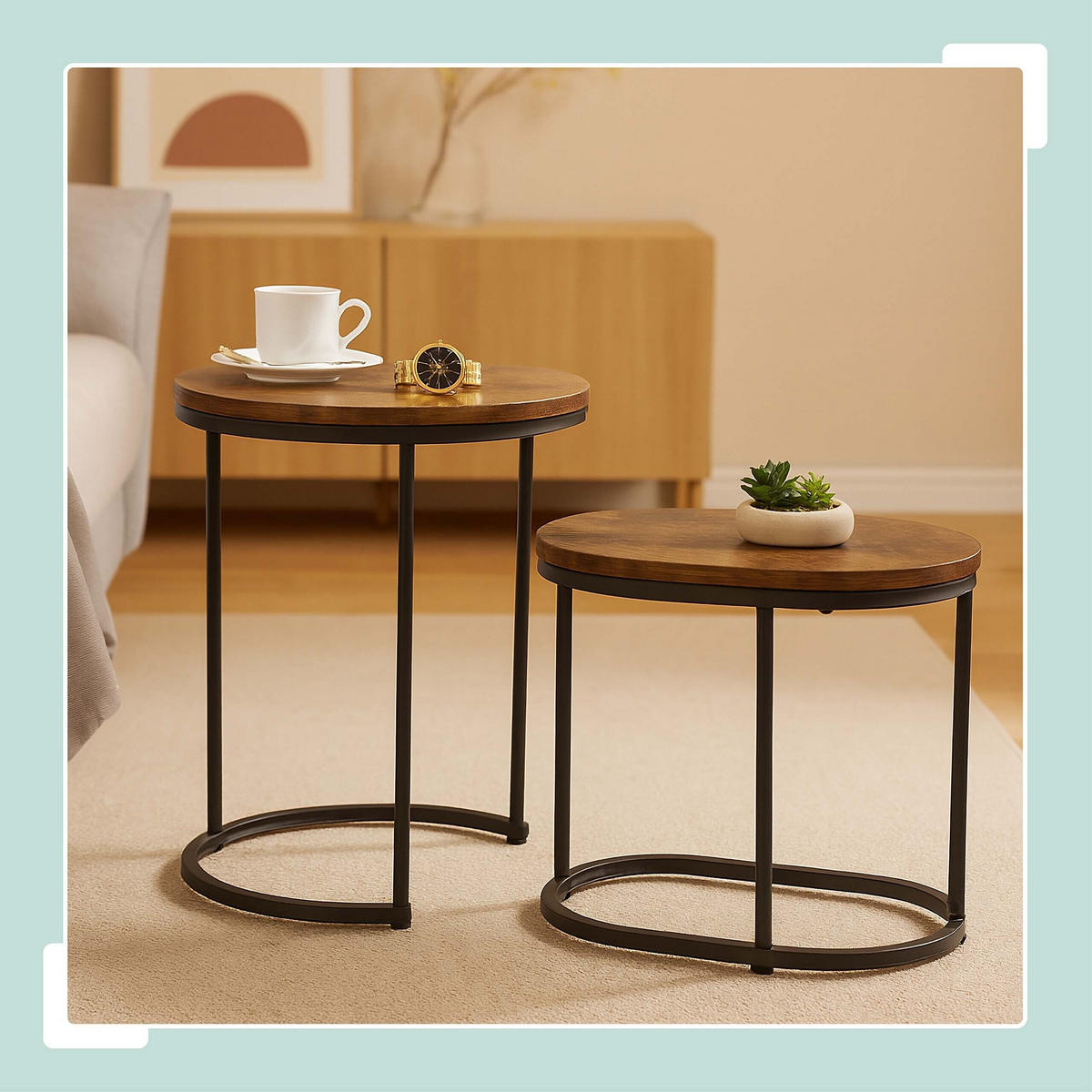 MĂSUȚE Maro Negru 2er-Set MDF metal aspect lemn rotund oval 51x40 cm - multicolor, material plastic/compozit lemnos (40/40/51cm) - Relaxdays
