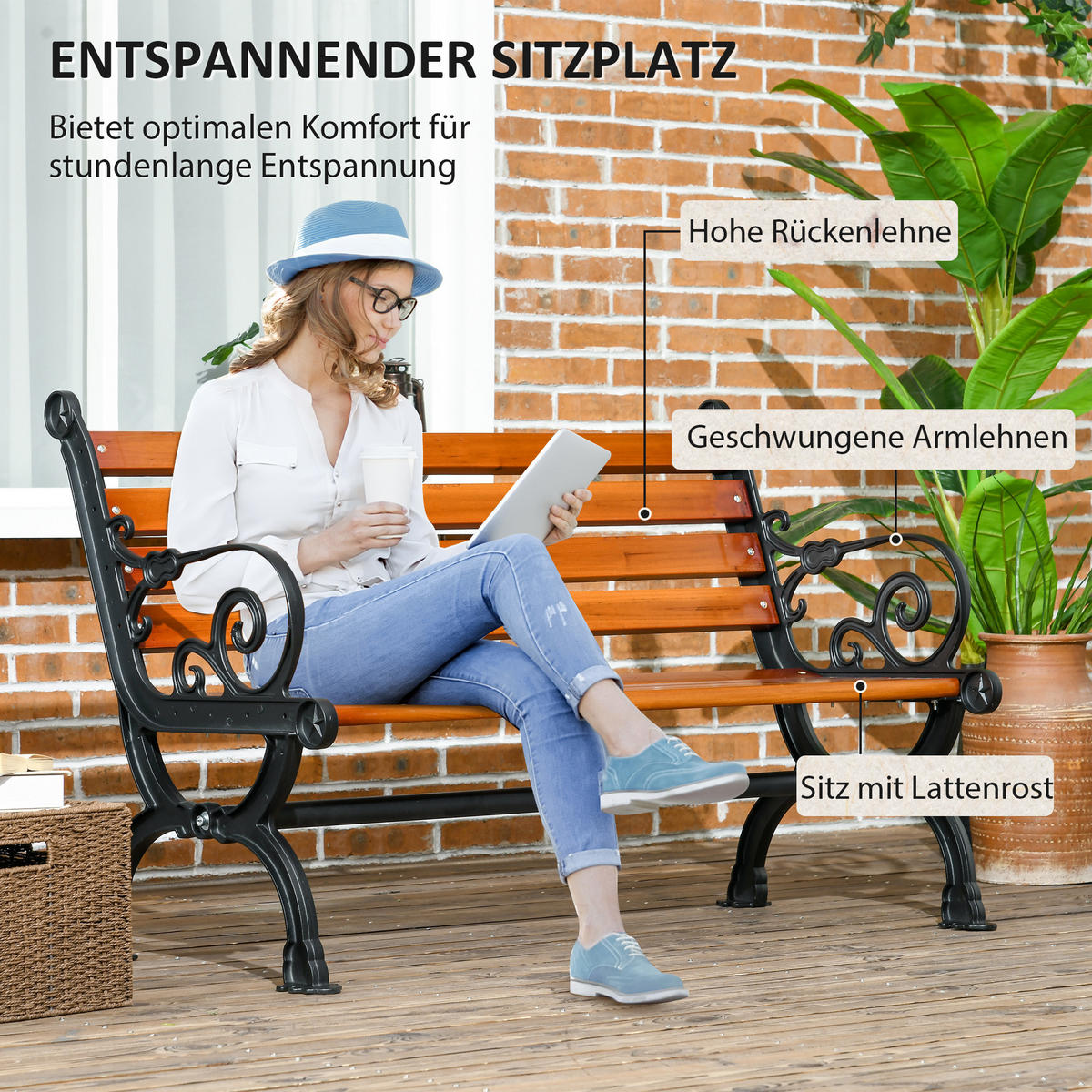GARTENBANK, für 2 Personen, mit Armlehnen, für Garten, Balkon, wetterfest, Holz, Teak - Teakfarben, Holz/Metall (64/79/120cm) - Outsunny