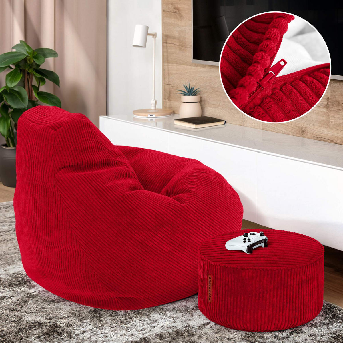 LOUNGE-SITZSACK Cozy + Fußhocker - Rot, Textil (80/90/90cm) - Green Bean