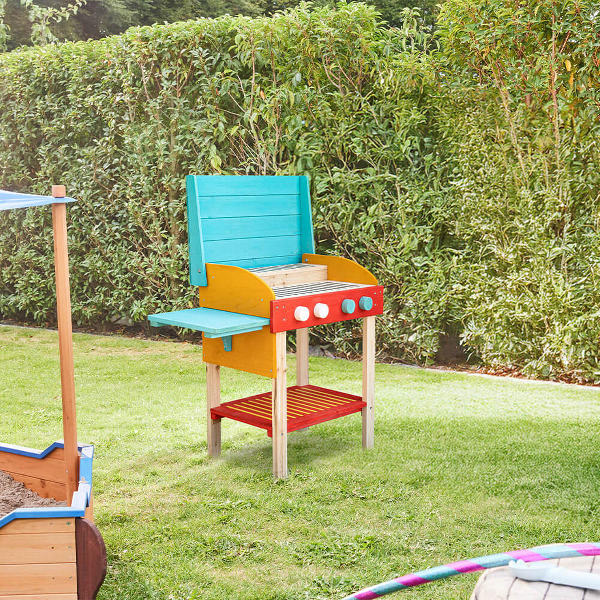 SPIELGRILL TASTY - Farbe: Blau/Rot - Blau/Rot, Holz (67/75/33cm) - Home Deluxe