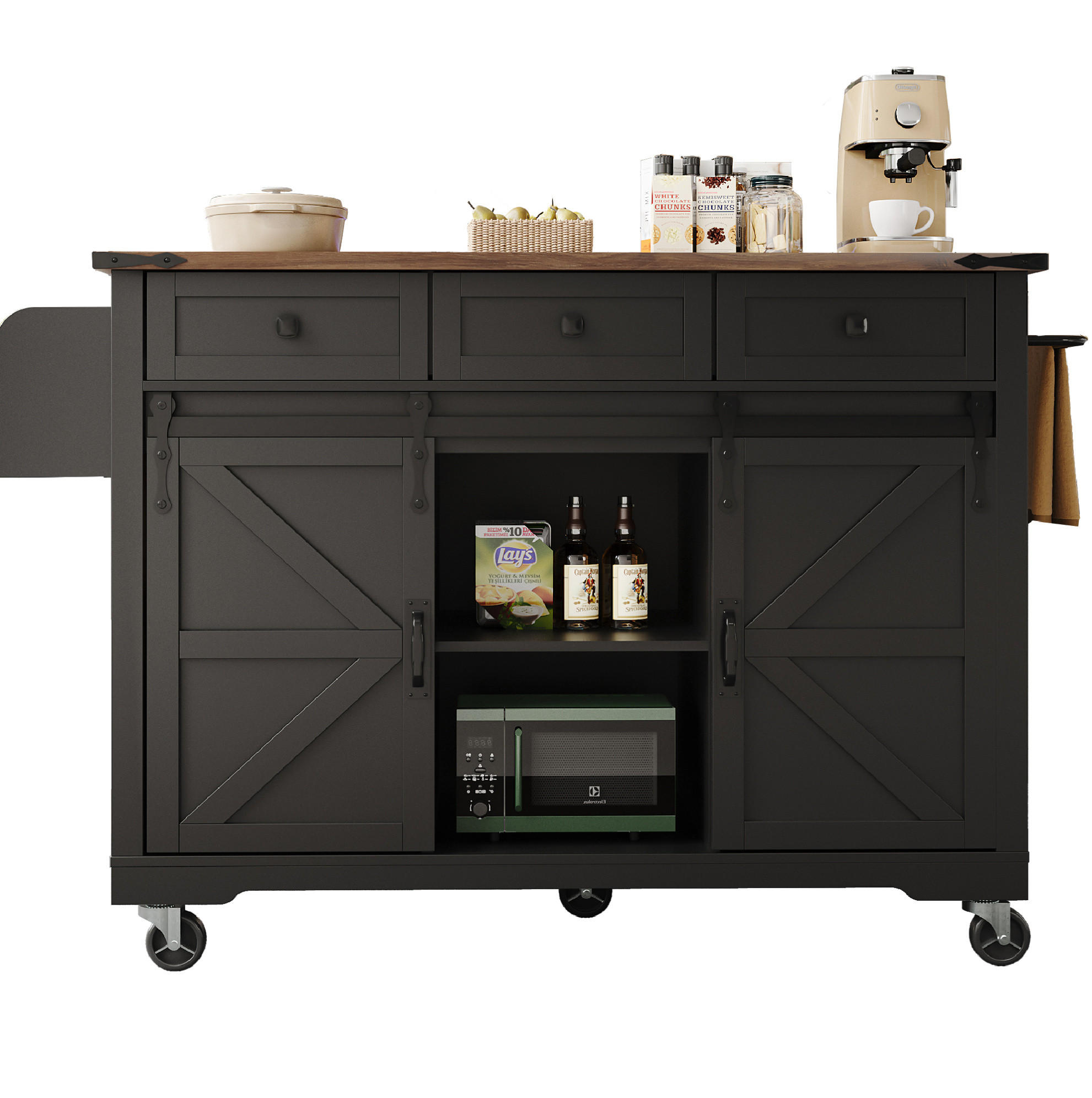 OKWISH KUCHYŇSKÝ ostrůvek 140/45/94 cm černý z MDF se skládací deskou a kolečky