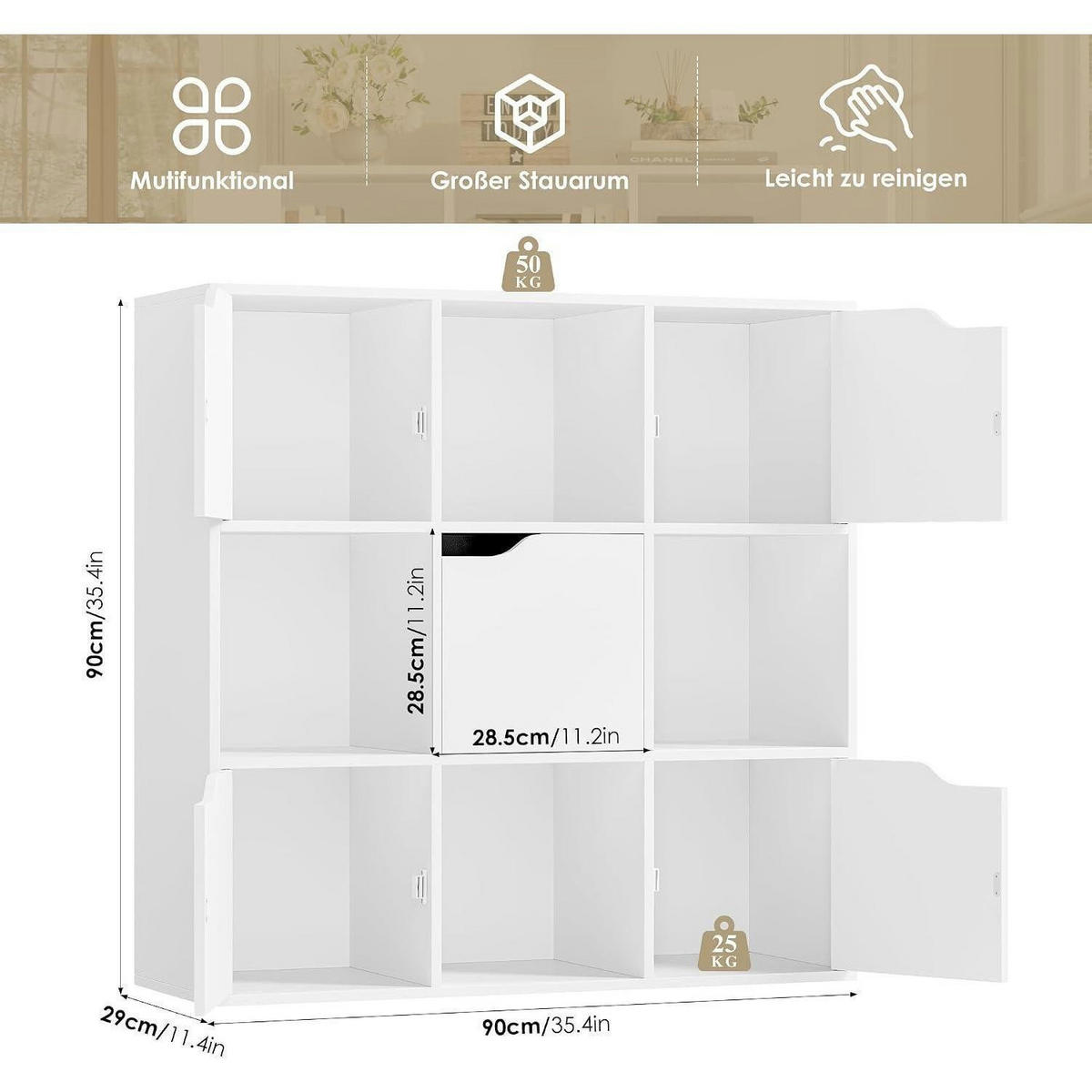 BÜCHERREGAL mit 5 Türen 90x90 cm weiß - Weiß, Holzwerkstoff (90/90/29cm)