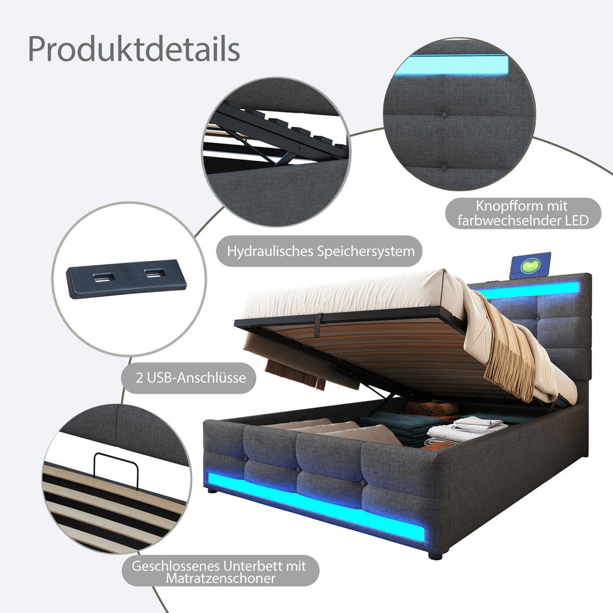 POLSTERBETT 90/200 cm Grau mit LED-Beleuchtung und USB-Anschlüssen - Grau, Textil (90/200cm) - OKWISH