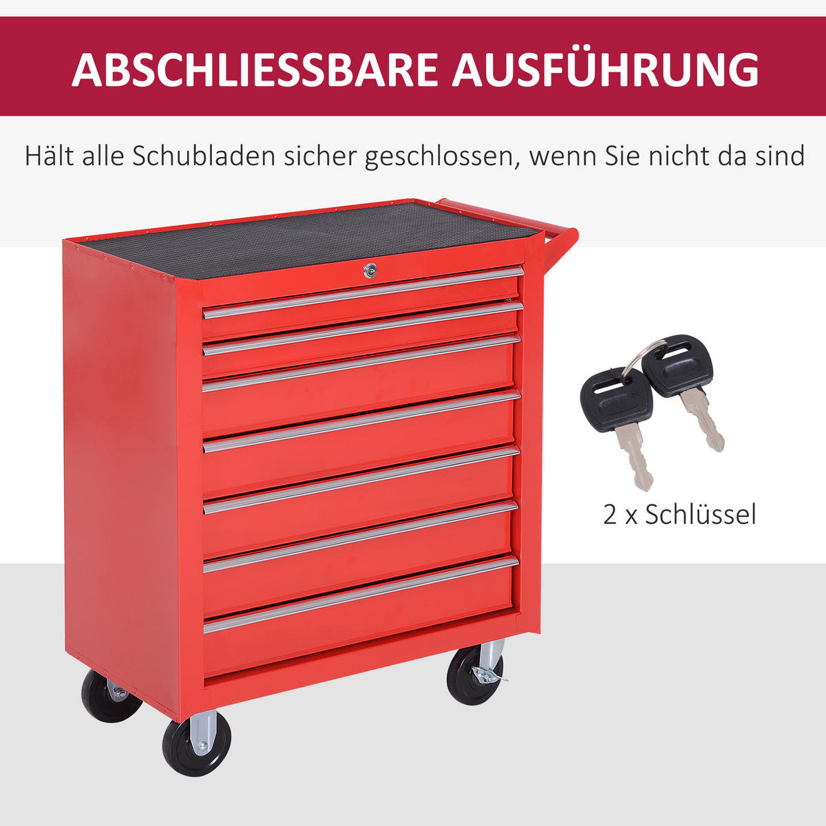 WERKSTATTWAGEN mit Rollen, Werkzeugwagen mit 7 Schubladen, abschließbar Stahl - Rot, Metall (33/75/69cm) - DURHAND