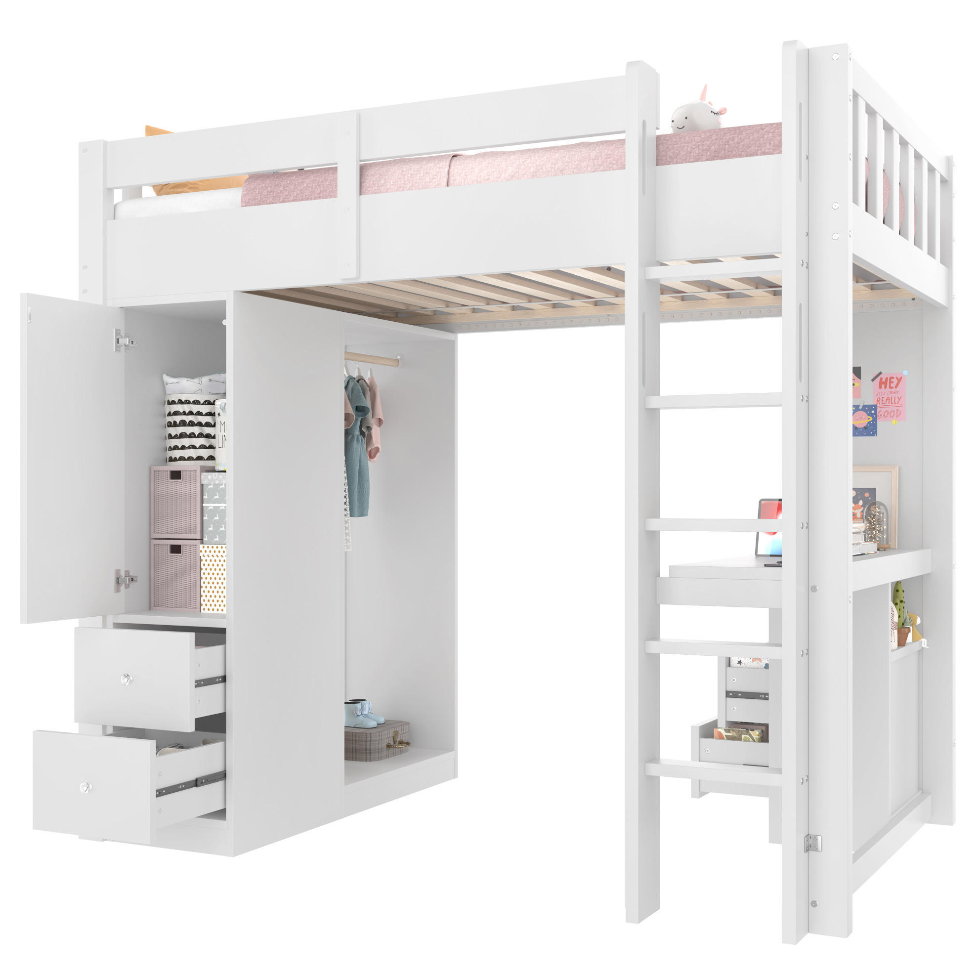 HOCHBETT 90/200 cm Weiß mit Schreibtisch, LED und 4 Schubladen - Weiß, Holz (90/200cm) - MIVRAY