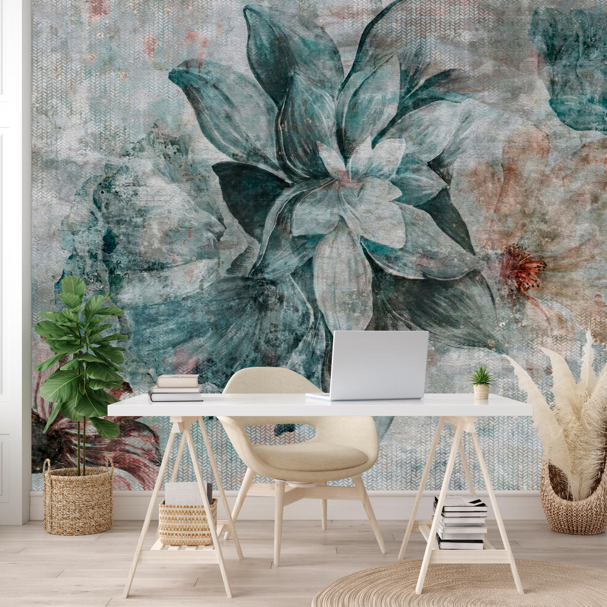 FOTOTAPETE für Schlafzimmer Aquarellblumen Beton Natur Pflanzen 200x140 - Grau, Papier (200/140cm) - Muralo