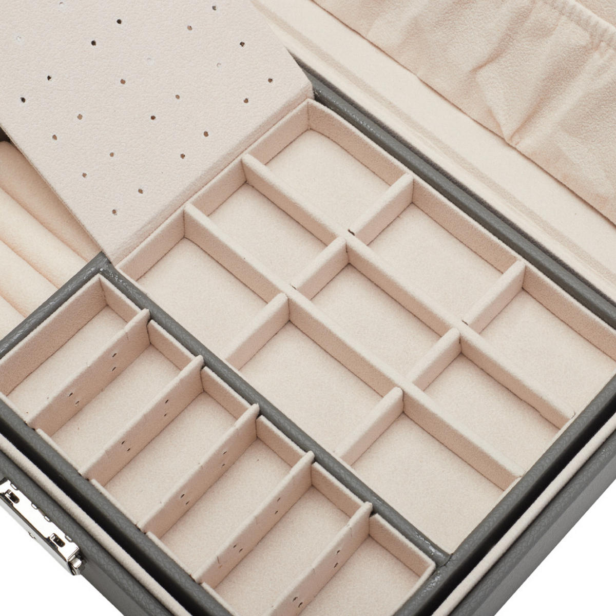 SCHMUCKKÄSTCHEN 23/17/9 cm Zweistöckig Schloss PU-Leder Samtfutter Grau - Grau, Leder/Textil (23/9/17cm) - Livingandhome