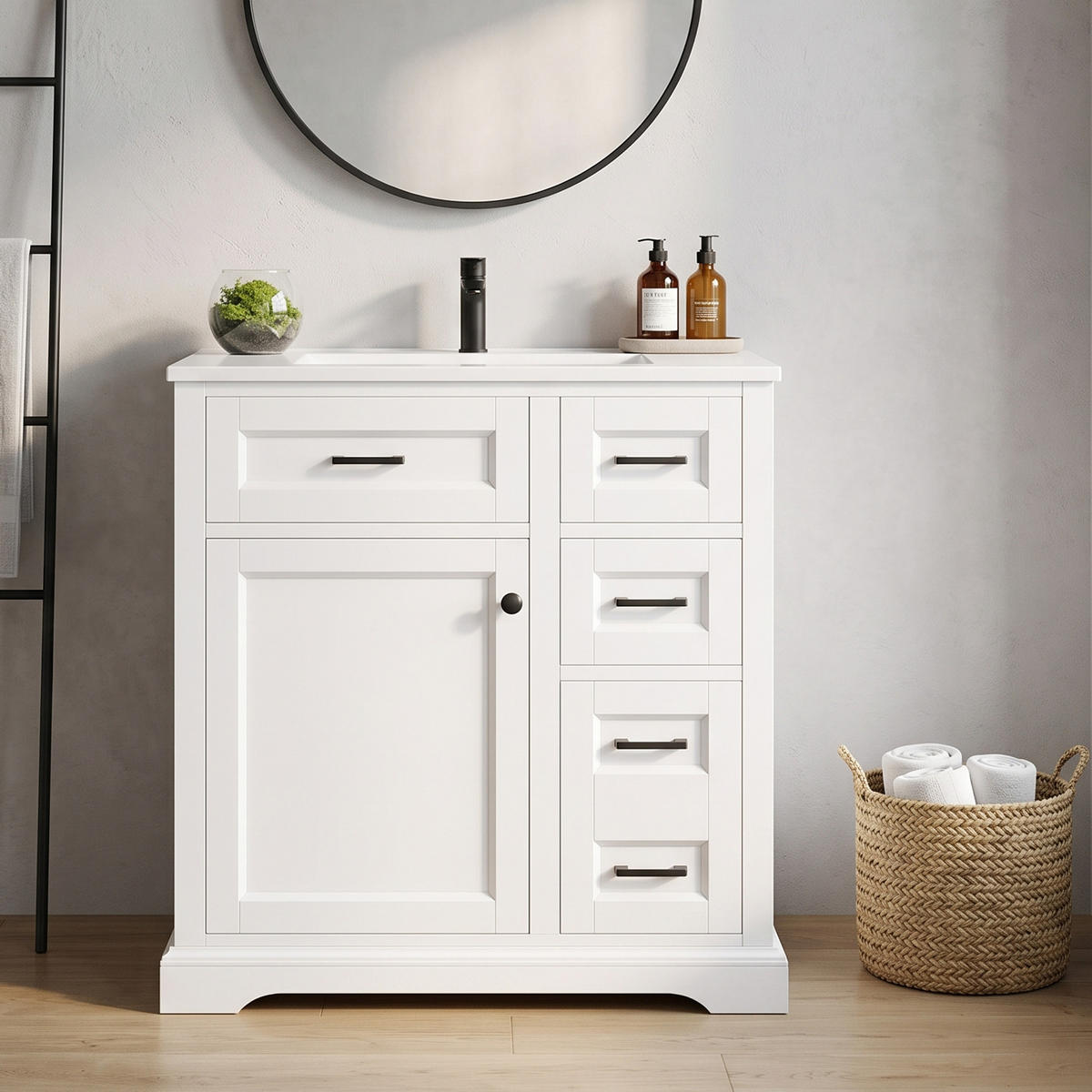 WASCHTISCH 76cm Keramikbecken 4 Schubladen Türregal Weiß - Weiß, Holzwerkstoff (76/82/47cm) - Urban Meuble