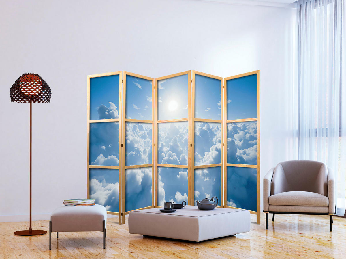 PARAVÁN Japonský 5-dielny 225x172 cm Oblaky a Slnko - modrá, drevo/textil (225/172/3cm) - Muralo