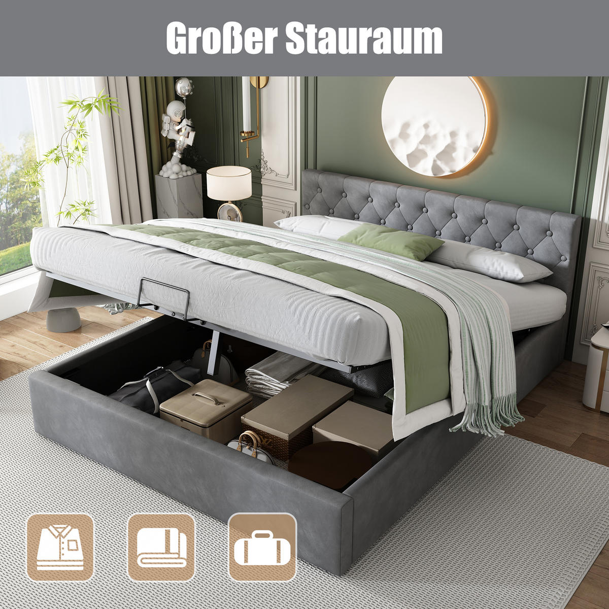 POLSTERBETT 140/200 cm mit hydraulischem Bettkasten & Lattenrost, Samt Grau - Grau, Textil (140/200cm) - Redom