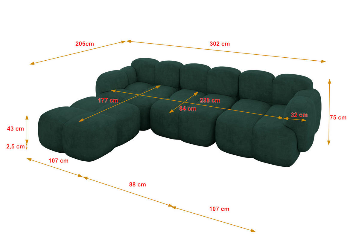 ECKSOFA modulares Sofa Links Miko-L2 302x205x75 Grün Velours - Schwarz/Grün, Holzwerkstoff/Kunststoff (302/205cm) - ALTDECOR
